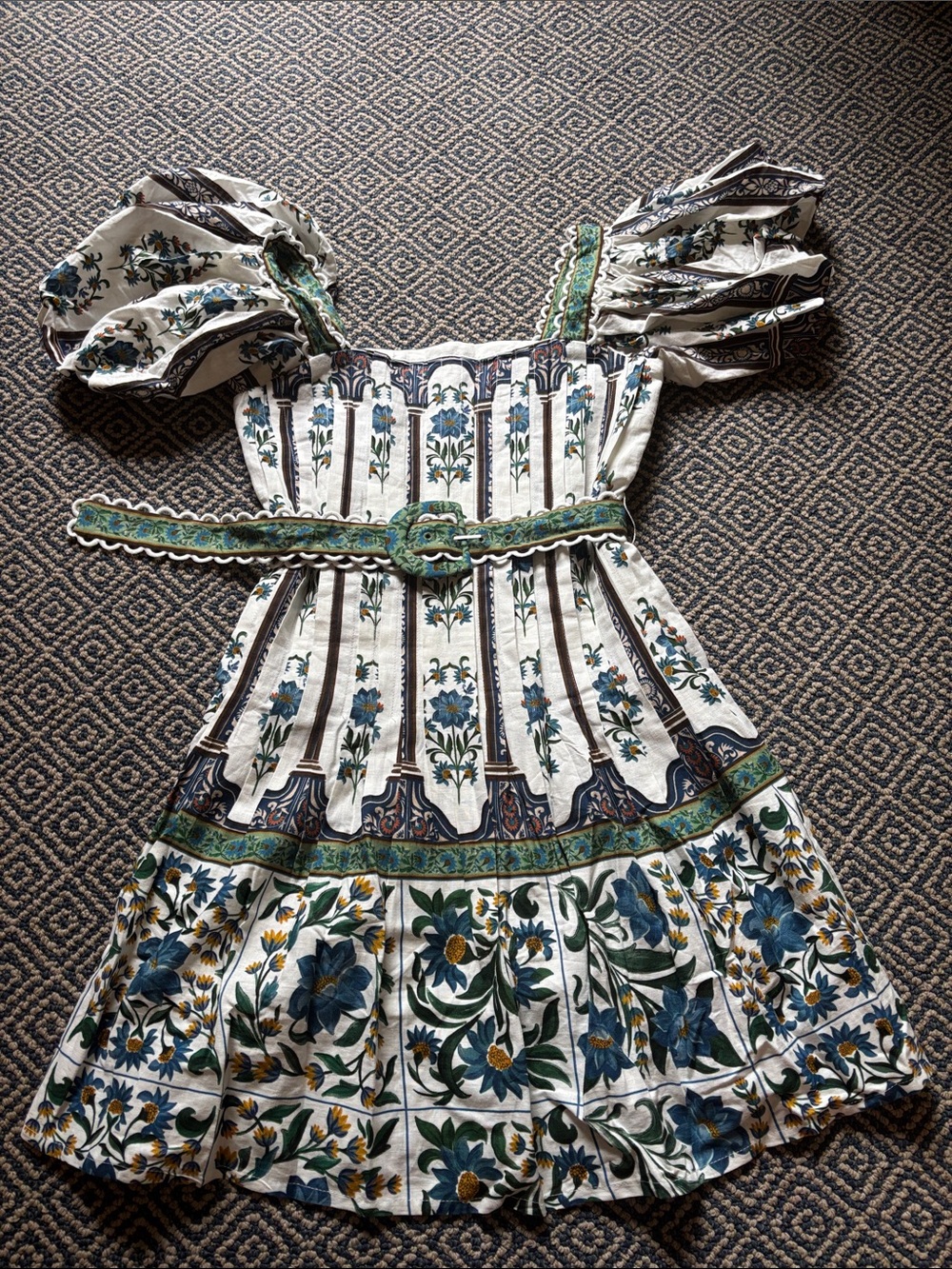 FARM Rio Blue & Green Floral Puff-Sleeve Belted Dress